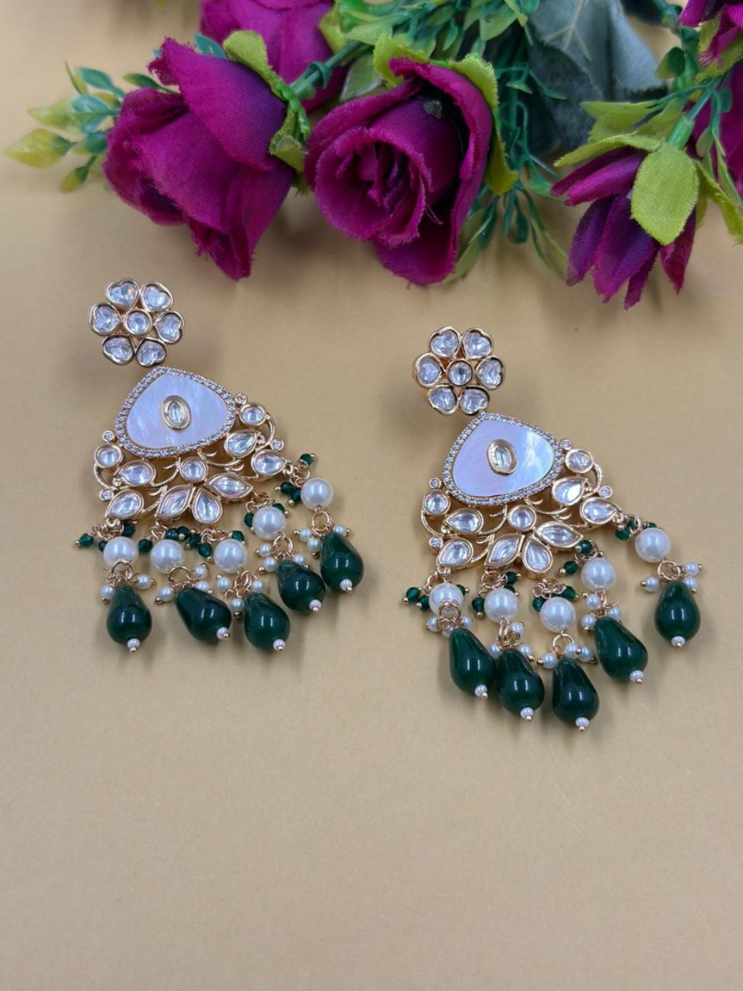 Elegant Gold Plated Mother Of Pearl And Kundan Earrings For Weddings - Statement green Earrings