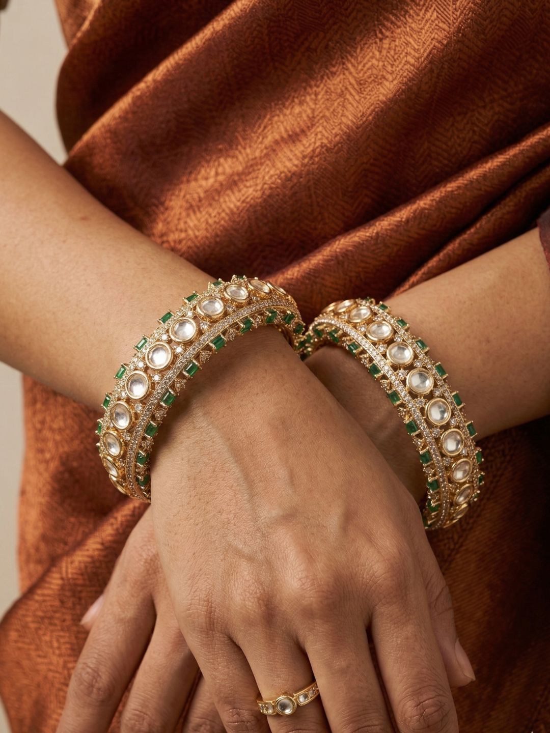Gold Plated Luxury emerald green Polki Kundan Kada Bangles Set For Women | Wedding And Bridal Bangles