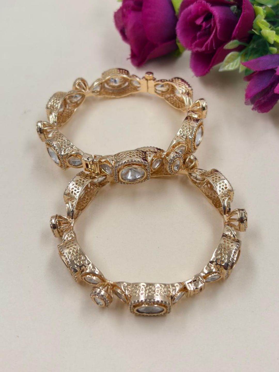 Rukmani Rose Gold Finish Kundan Polki Bangles For Women - Ethnic And Traditional Wear