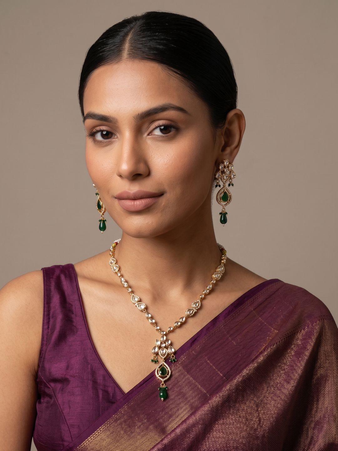 Elegant Rose Gold Finish green Polki pendant Necklace Set For Women - Indo Western Modern Jewellery Set
