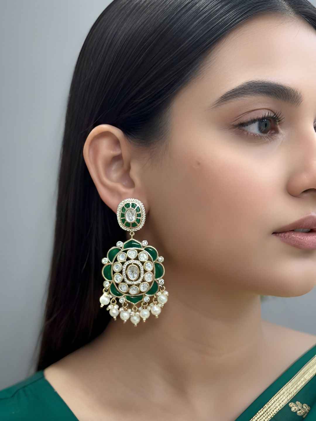 Traditional Kundan and green Stone-studded Earrings for Women | Statement Earrings For Ethnic & Festive Wear