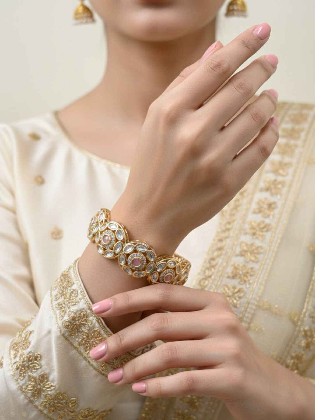 Elegant Next To Real Party & Wedding Wear Openable Kundan Polki Bracelet For Women