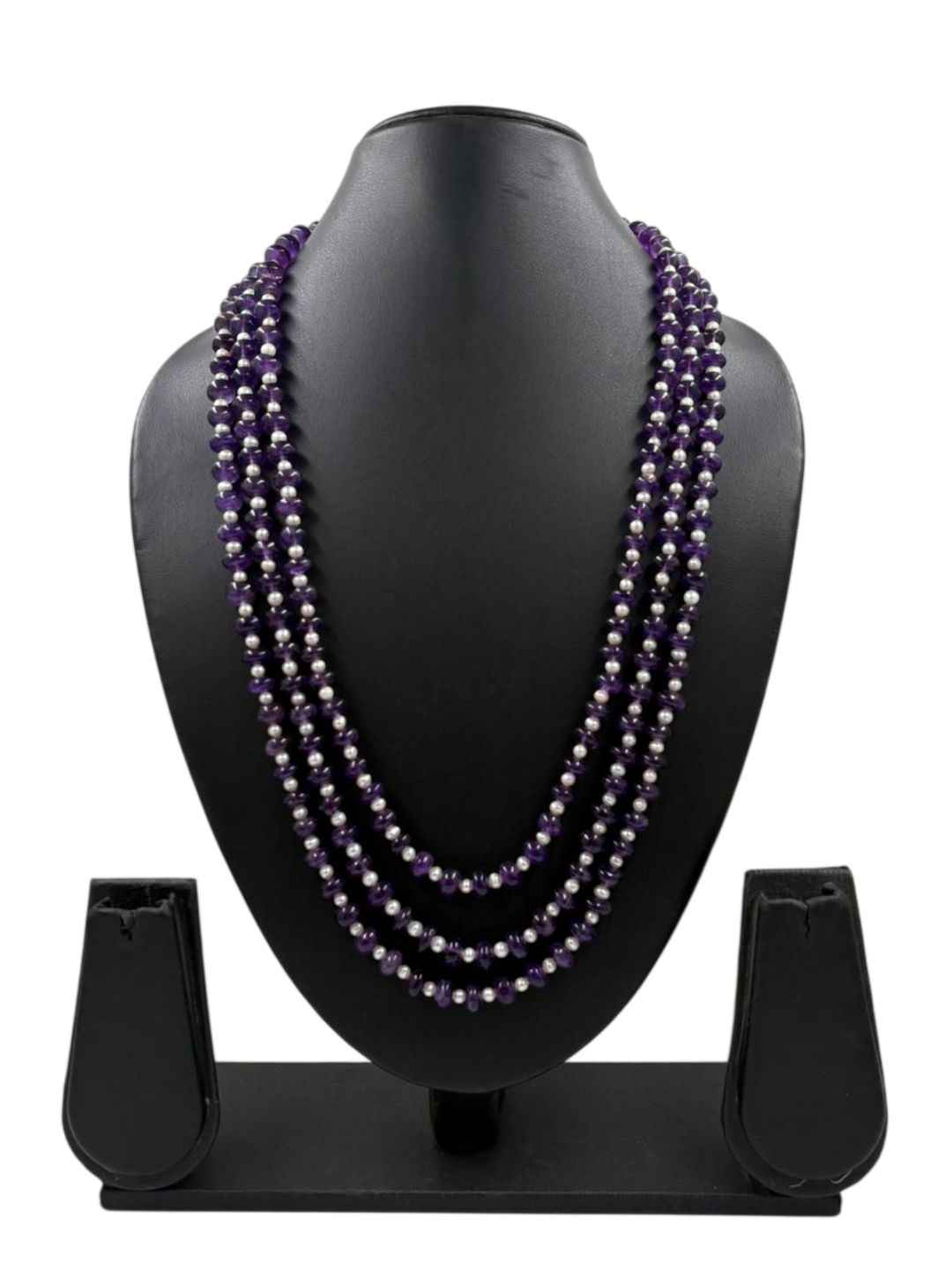 Triple Layered Natural Pearls & Rondelle Shape Natural Amethyst Beads Necklace For Women
