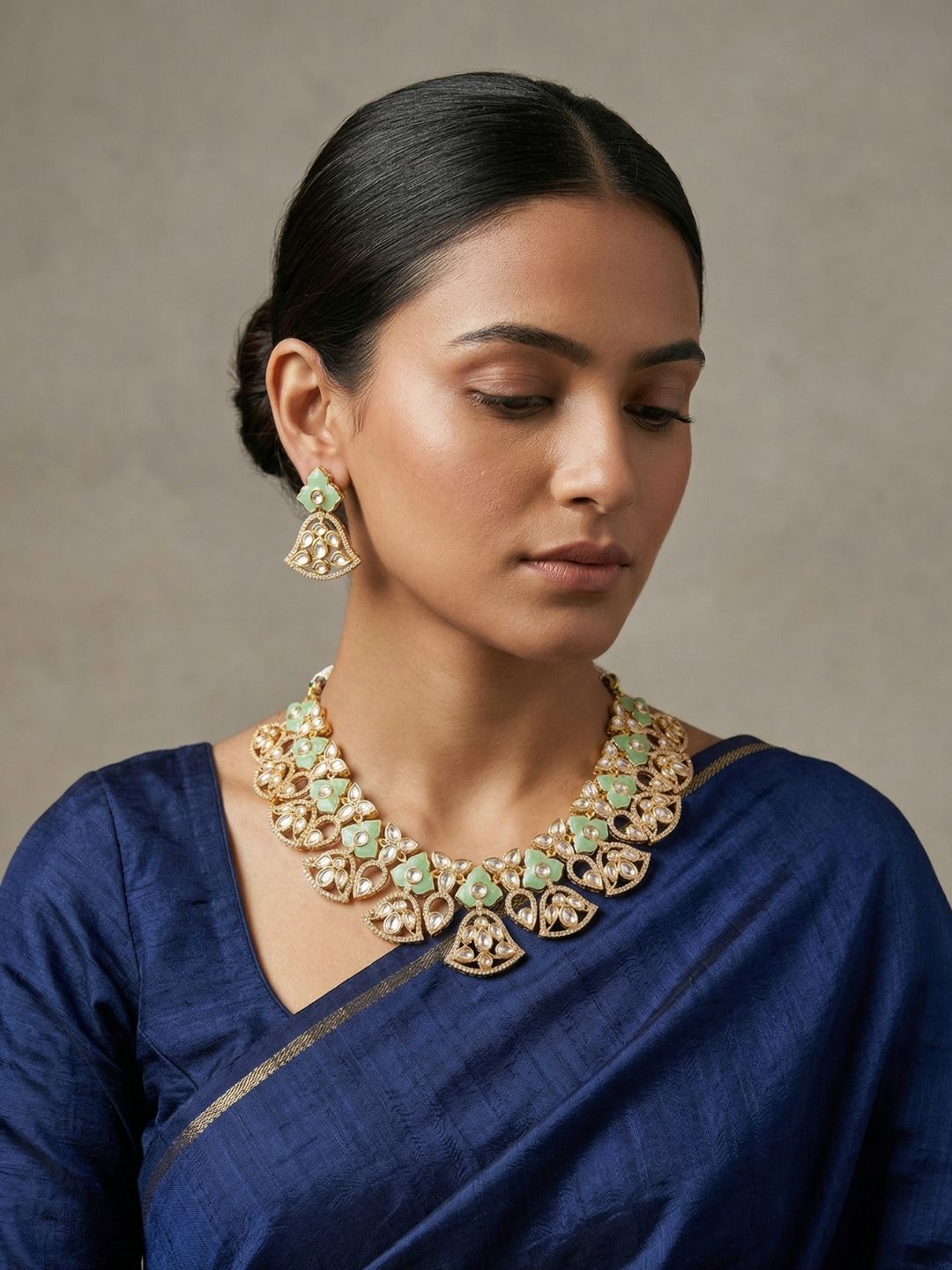 Designer Gold Plated mint green Kundan Polki Necklace Set For Weddings - Bridal Necklace Set
