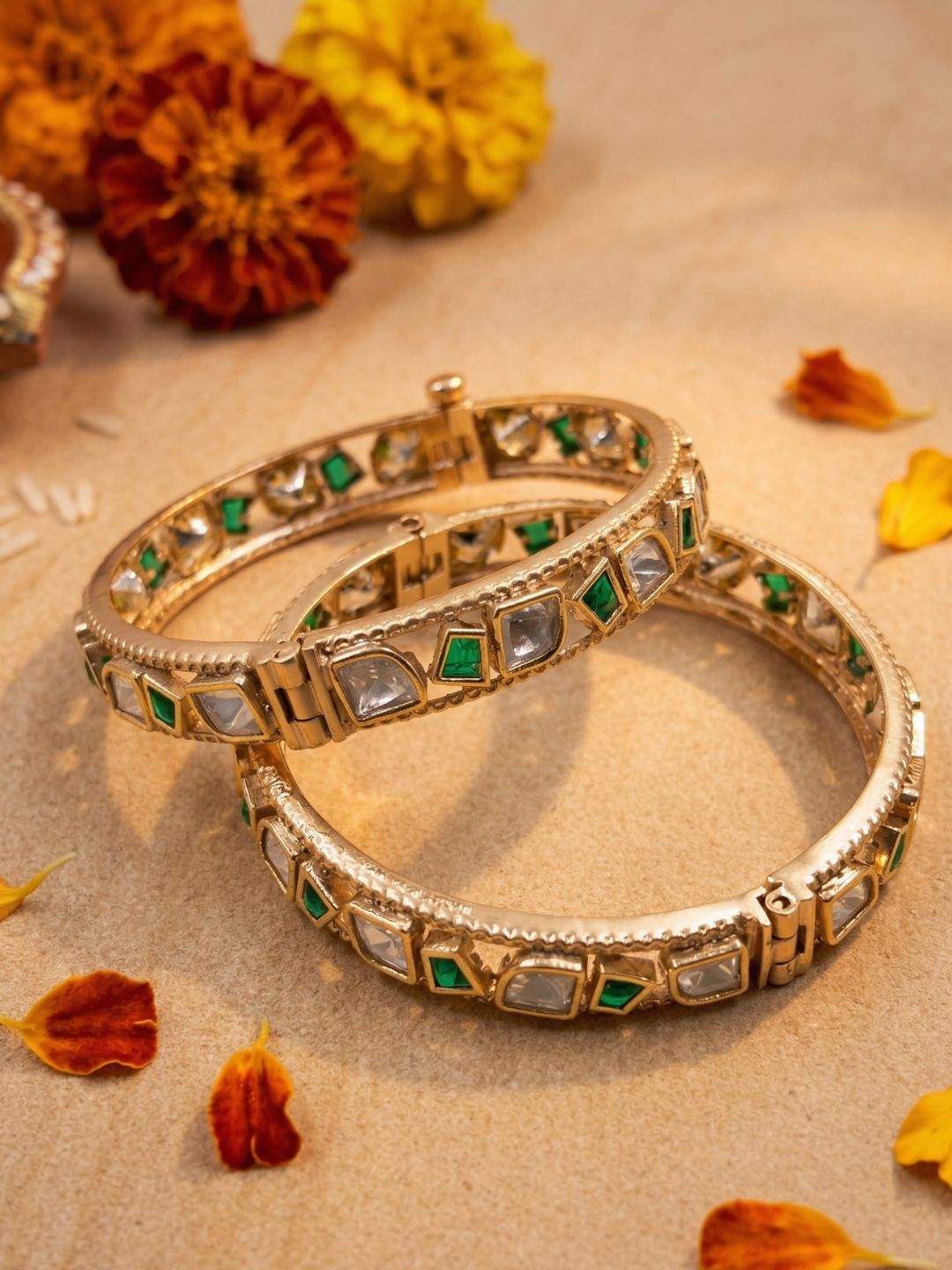 Elegant Gold Plated Emerald & Uncut Polki Bangles Set For Women - Wedding & Festive Wear
