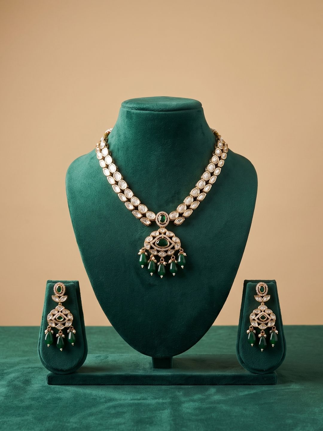 Rose Gold Finish Kundan Necklace Set - Wedding And Party Wear green stone beaded Kundan Jewelry