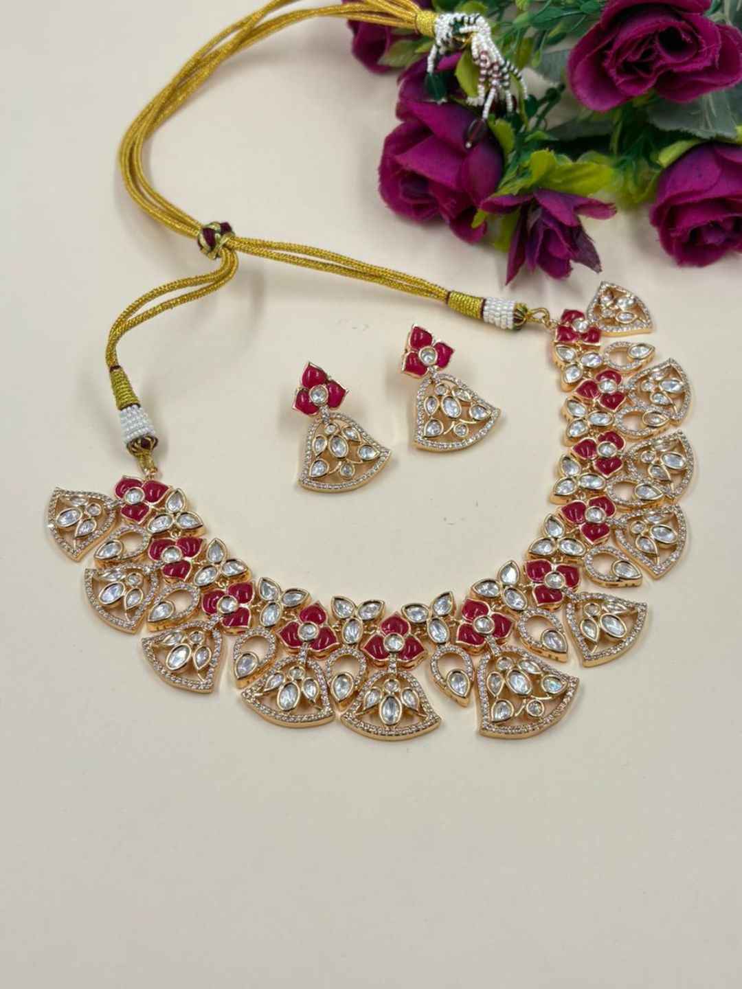 Designer Gold Plated Kundan Ruby Pink Polki Necklace Set For Weddings