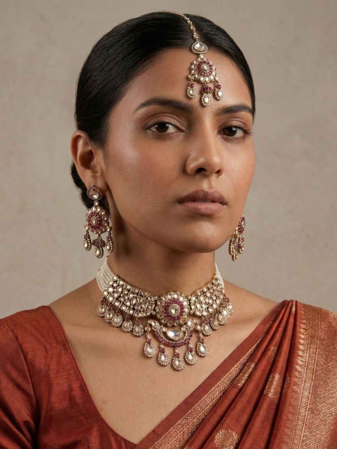 Luxurious Victorian Mossanite Polki Kundan Beaded Choker Necklace Set With Tikka | Wedding Wear