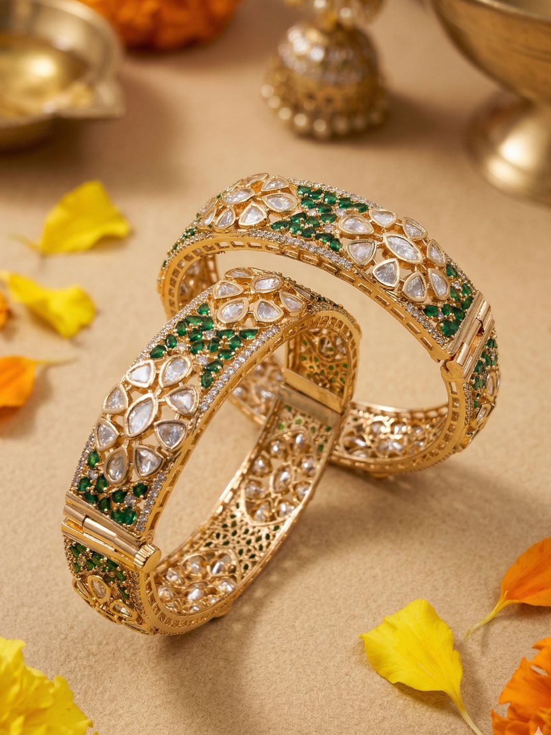 Royal Gold Plated Openable Uncut Polki green emerald green Kundan Kada Bangles For Women | Ethnic & Traditional Wear