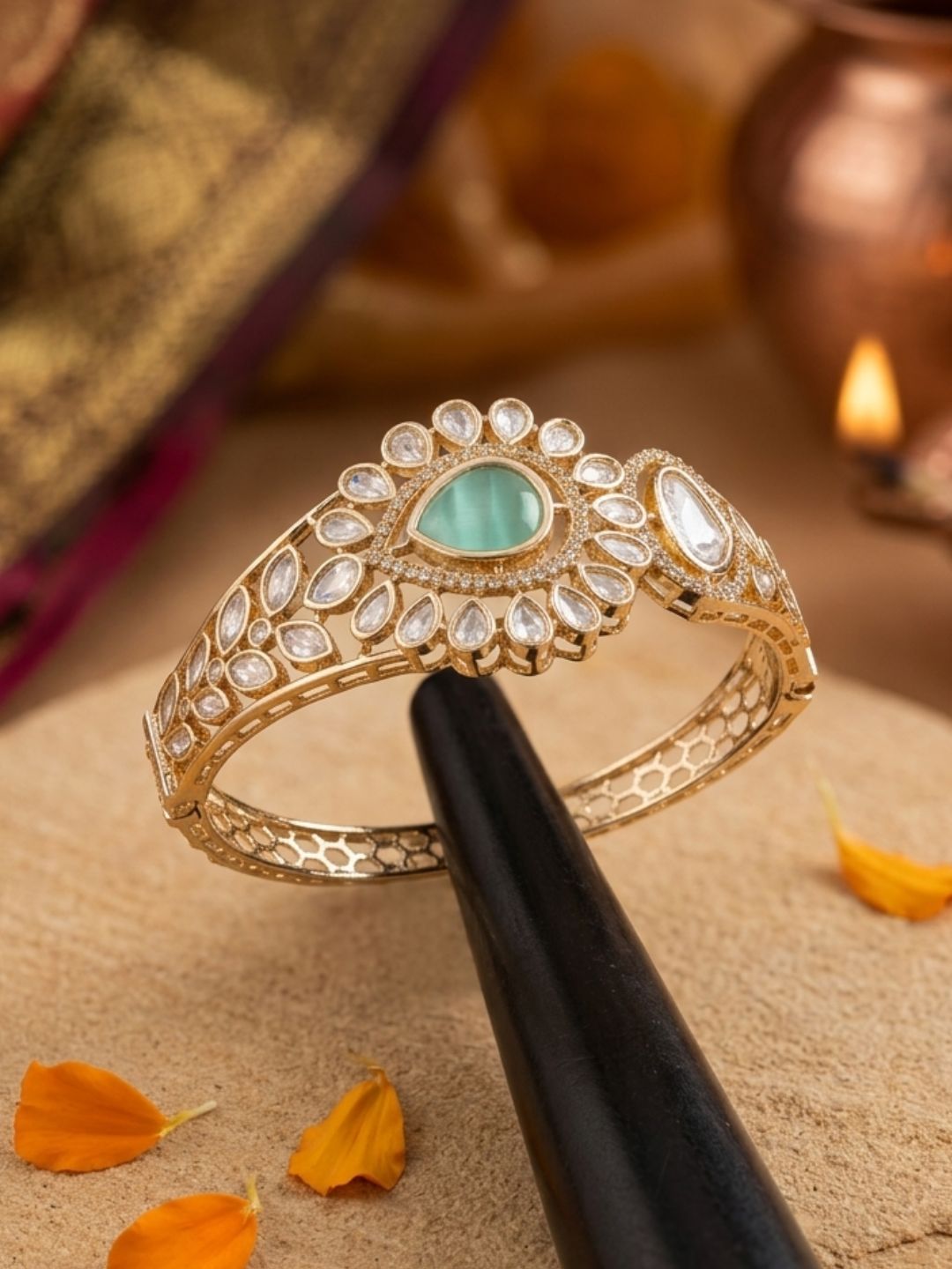 Gold Plated mint green stone Polki Kundan Openable Kada Bracelet For Women | Festive Ethnic Jewellery