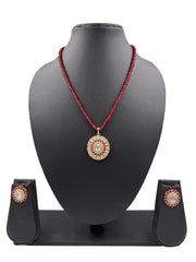 Gold Plated Kundan Pendant And Earring Set With red jade eaded Chain - Festive Wear Necklace