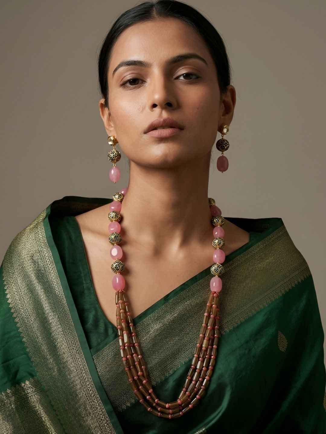 Handcrafted Pink And Green Jade Gemstone Beaded Necklace Set - Traditional And Ethnic Wear