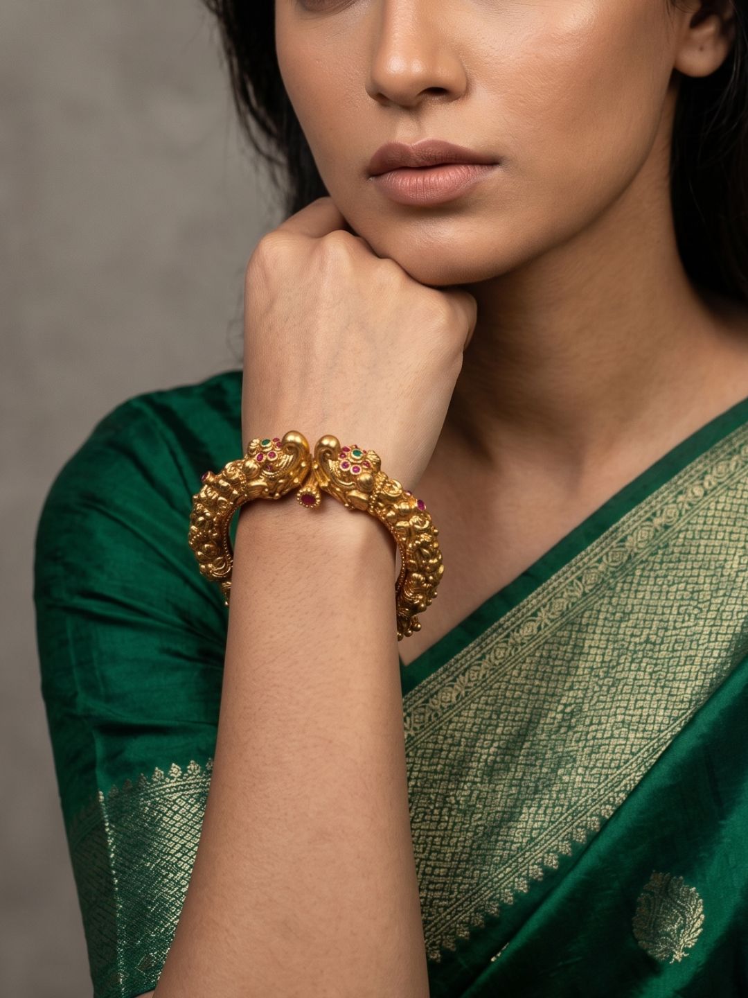 Traditional Gold Plated Antique Golden Elephant Head Nakshi Kada Bracelet