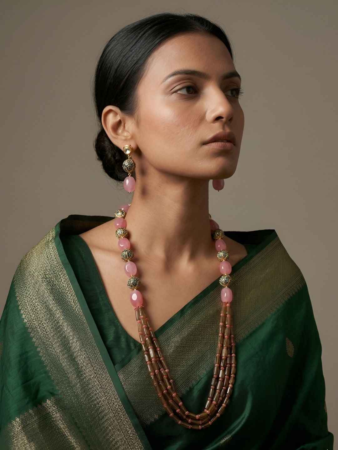 Handcrafted Pink And Green Jade Gemstone Beaded Necklace Set - Traditional And Ethnic Wear
