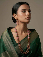 Handcrafted Pink And Green Jade Gemstone Beaded Necklace Set - Traditional And Ethnic Wear