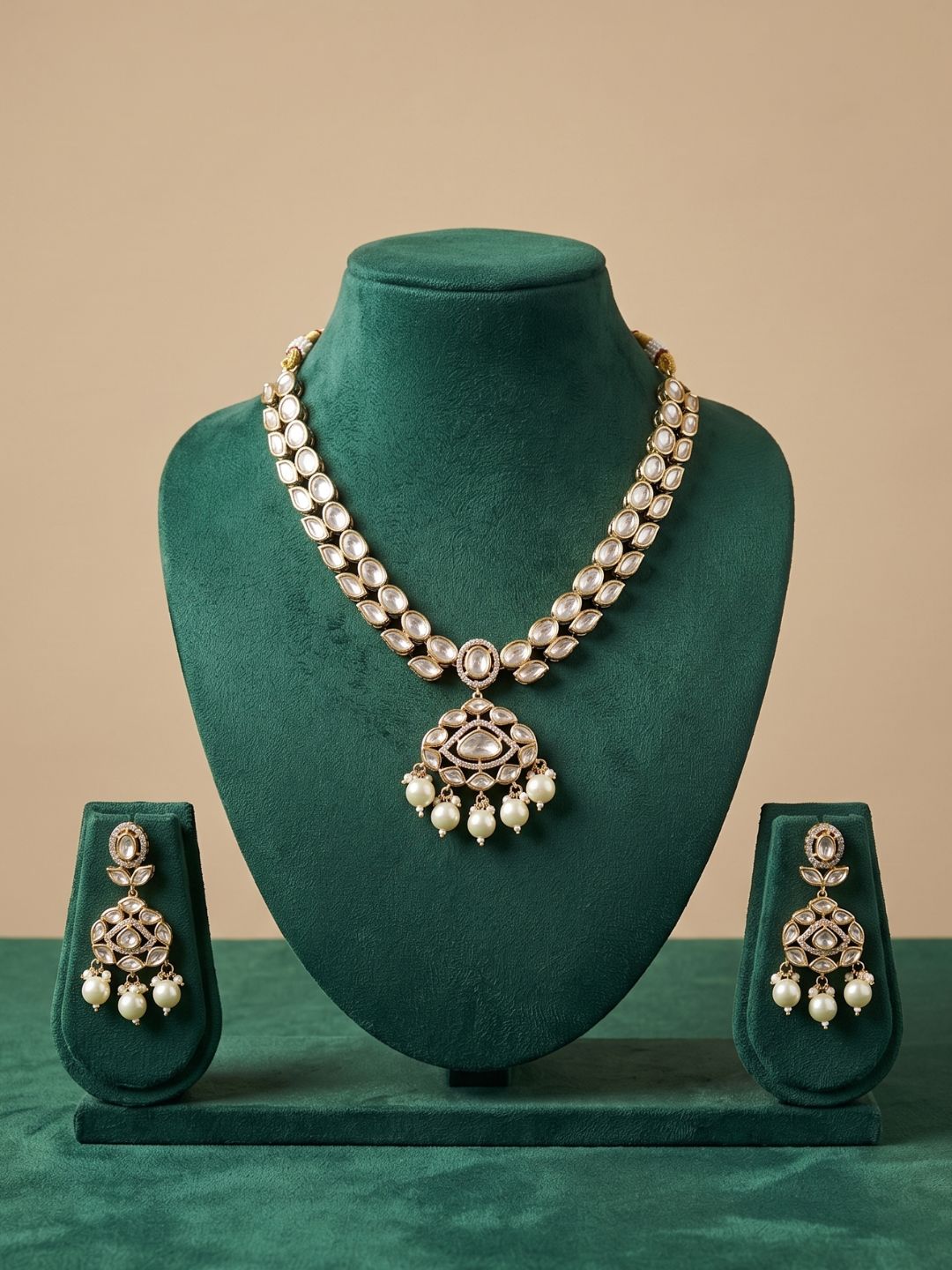 Rose Gold Finish Kundan Necklace Set - Wedding And Party Wear Kundan Jewelry
