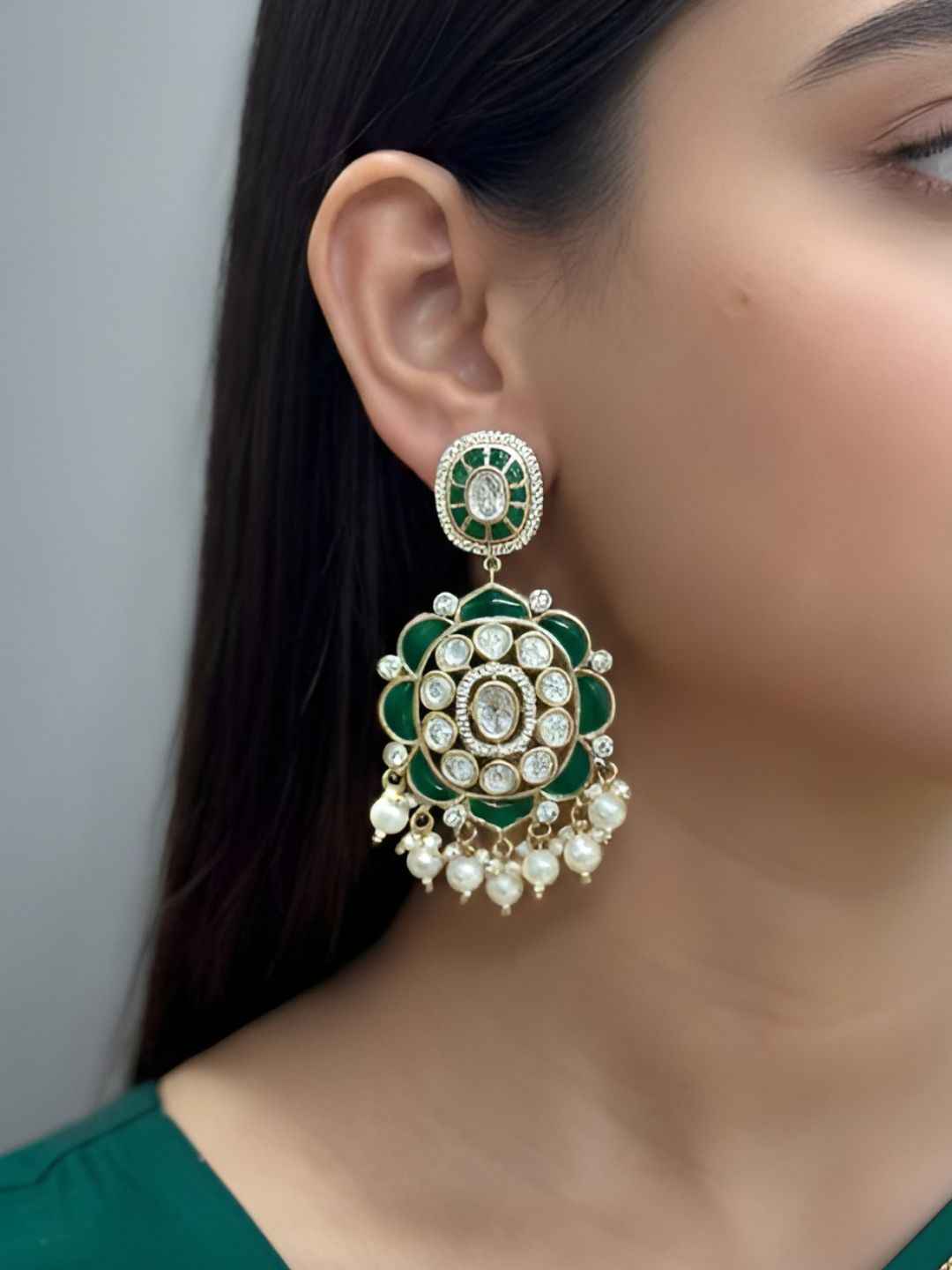 Traditional Kundan and green Stone studded Earrings for Women | Statement Earrings For Ethnic & Festive Wear