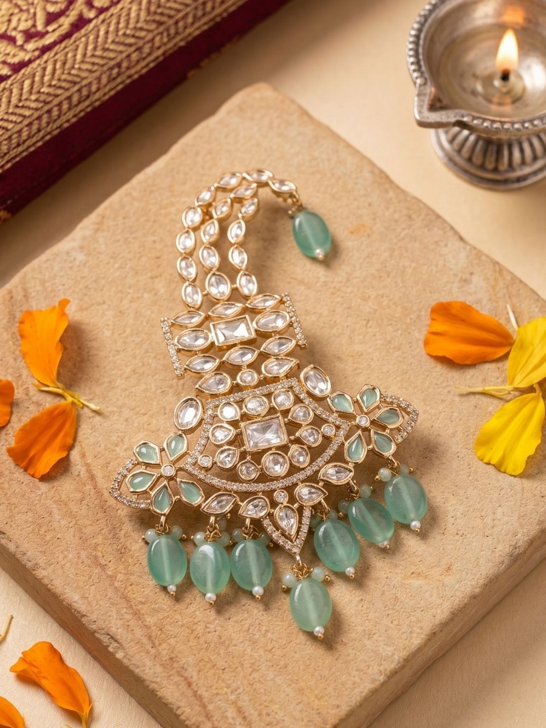 Traditional pastel green Kundan Polki Kalangi | Safa Kalgi | Turban Brooch For Men