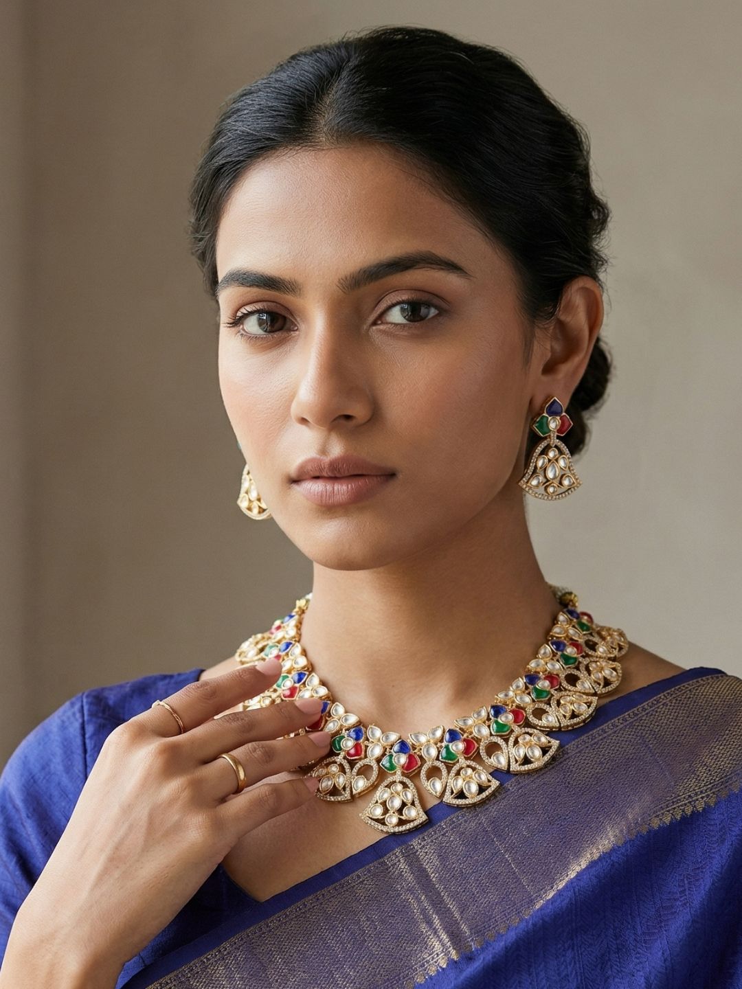 Designer Gold Plated multi color Kundan Polki Necklace Set For Weddings - Bridal Necklace Set