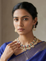 Designer Gold Plated multi color Kundan Polki Necklace Set For Weddings - Bridal Necklace Set