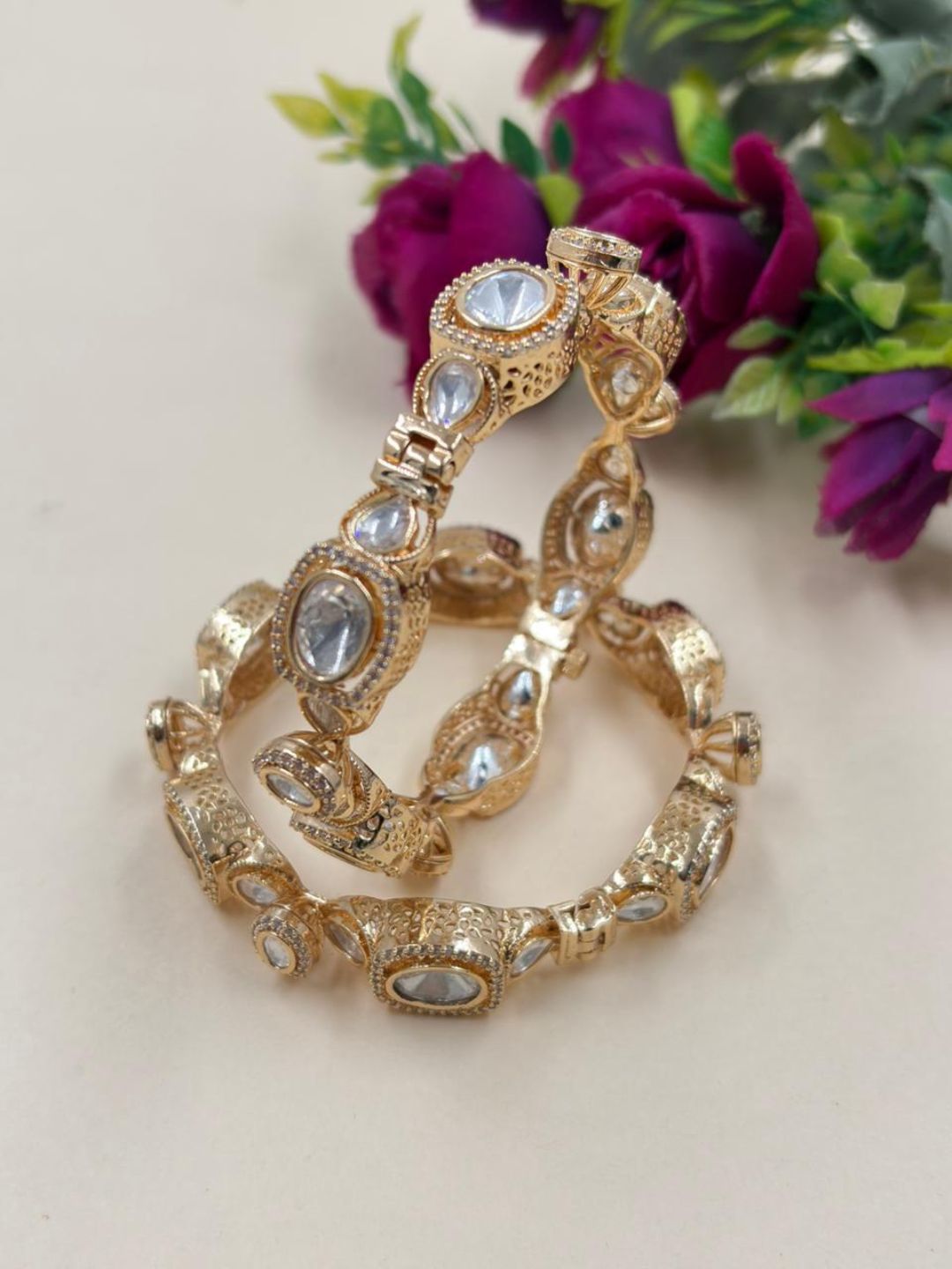 Rukmani Rose Gold Finish Kundan Polki Bangles For Women - Ethnic And Traditional Wear