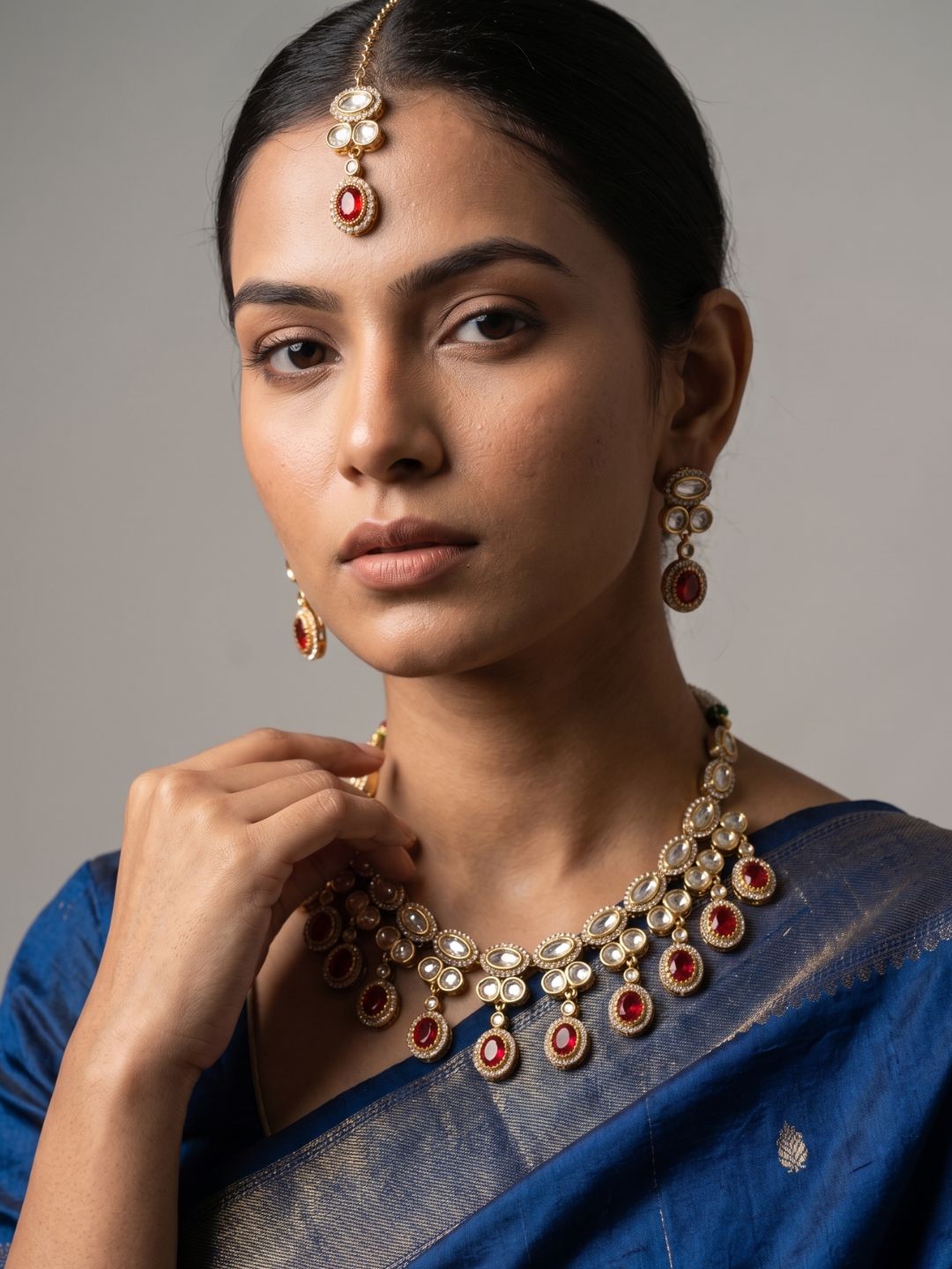 Gold Plated Polki Kundan Necklace Set With Tikka | Wedding & Festive Jewellery Set