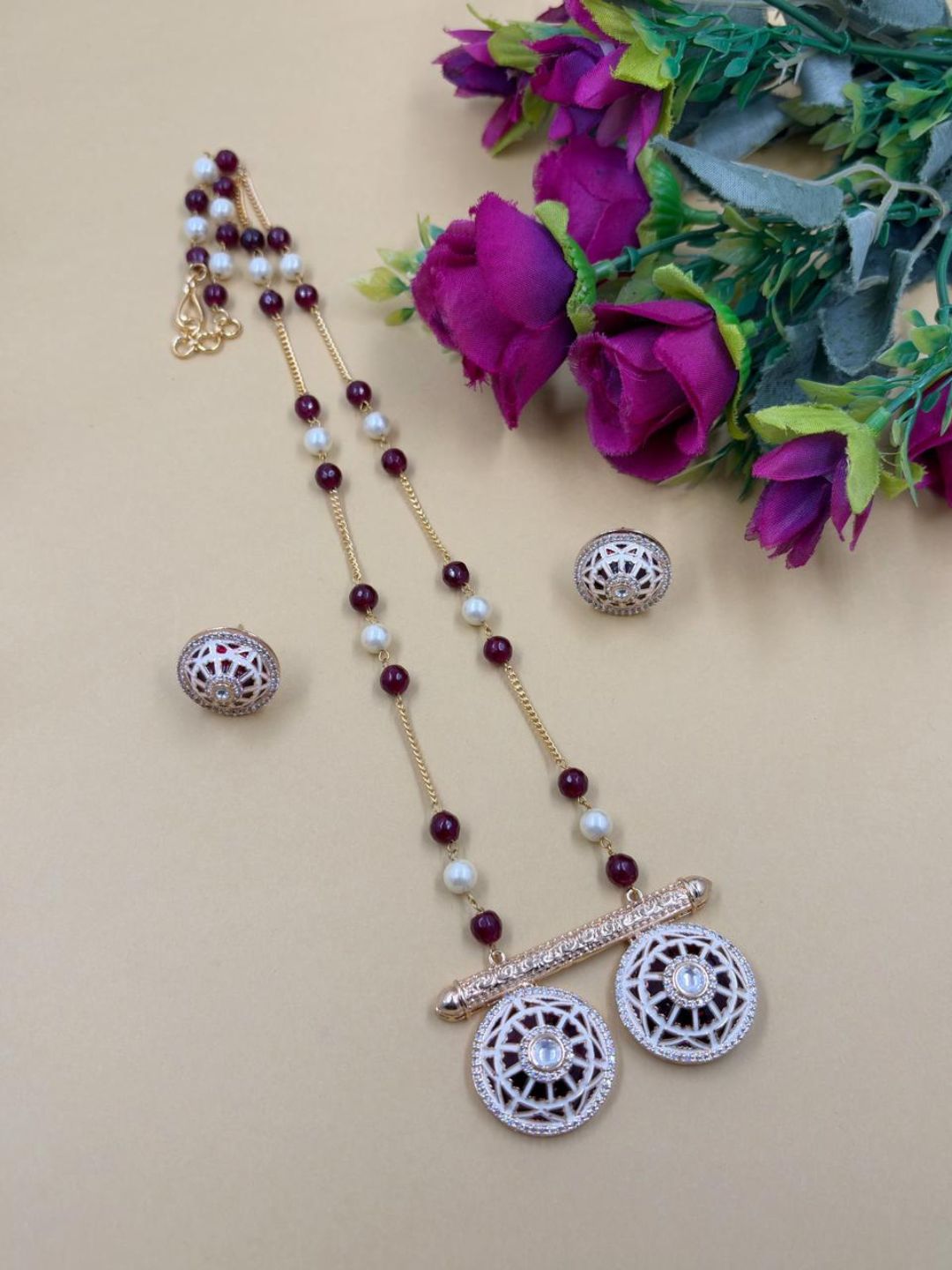 Traditional Long Beaded Chain Pendant Necklace Set With Meenakari - Ethnic Jewellery Set