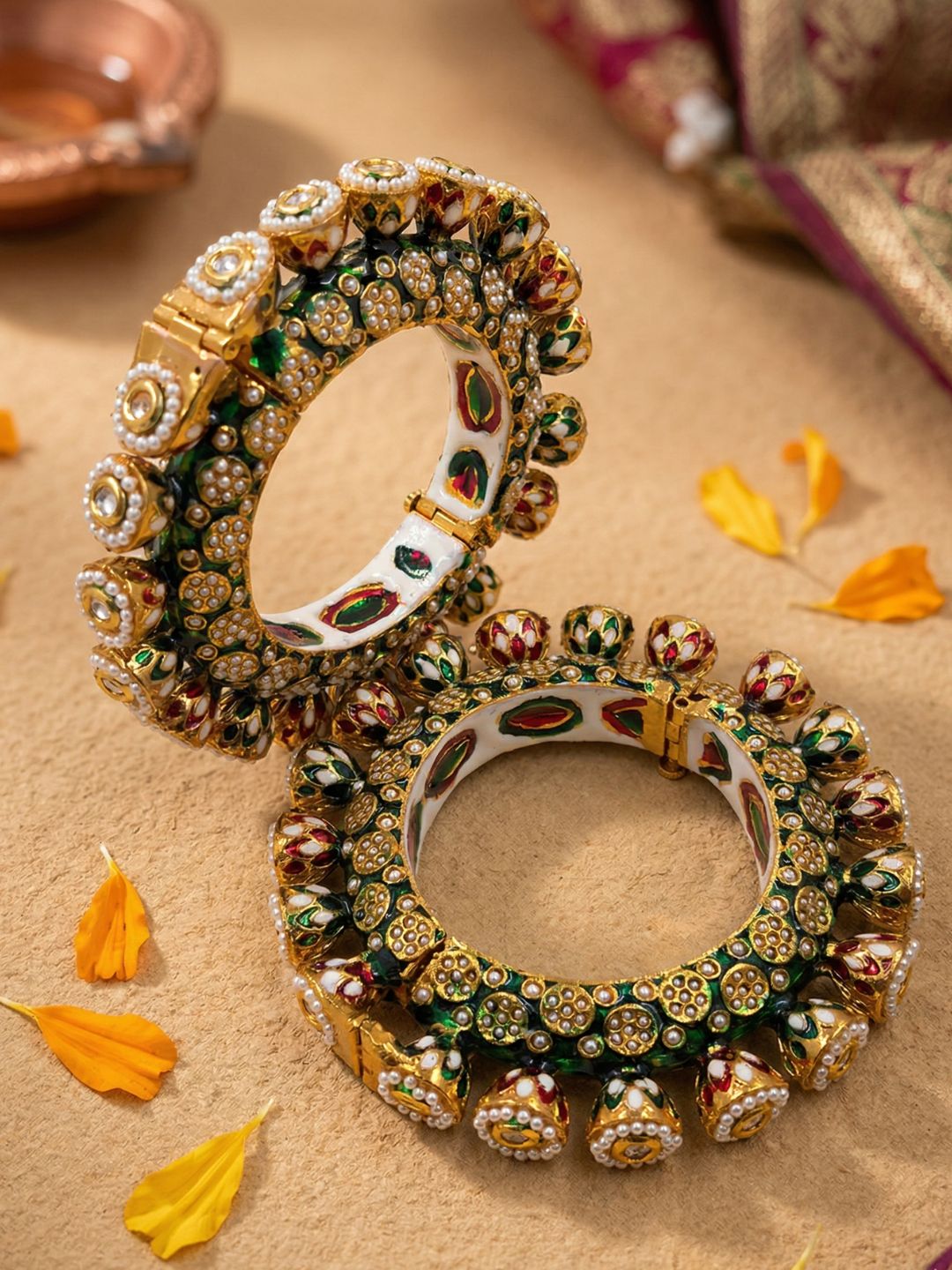 Gold Plated Kundan Meenakari And Pearls Green Pacheli Bangles For Women By Gehna Shop