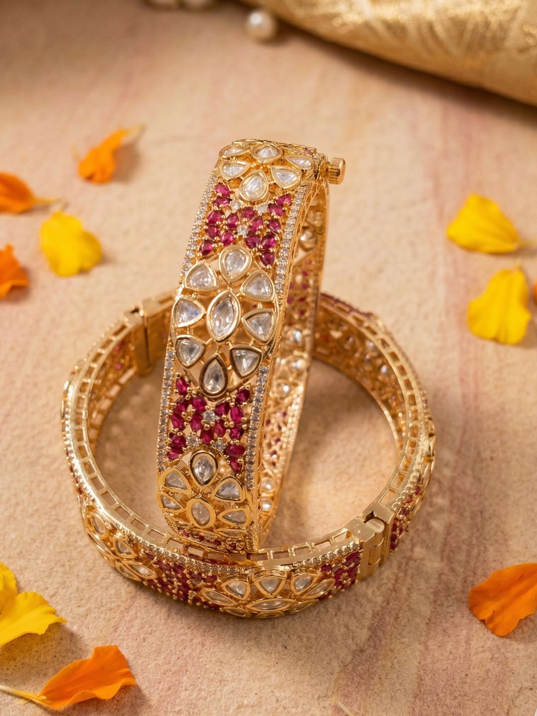 Royal Gold Plated Openable Uncut Polki Kundan ruby stones Kada Bangles For Women | Ethnic & Traditional Wear