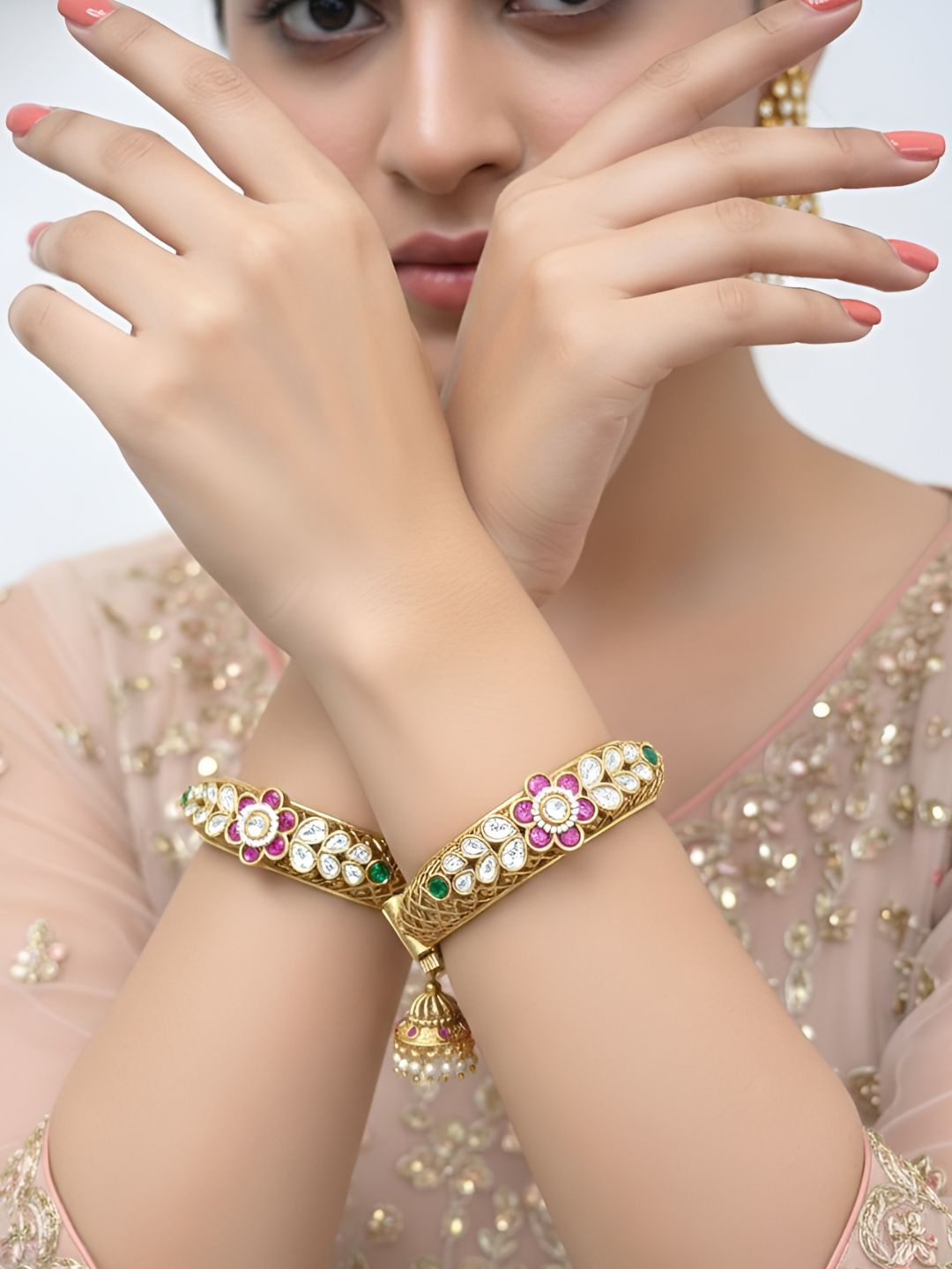 Swarnika Gold Plated Antique Gold Kada Bangles With Jhumka