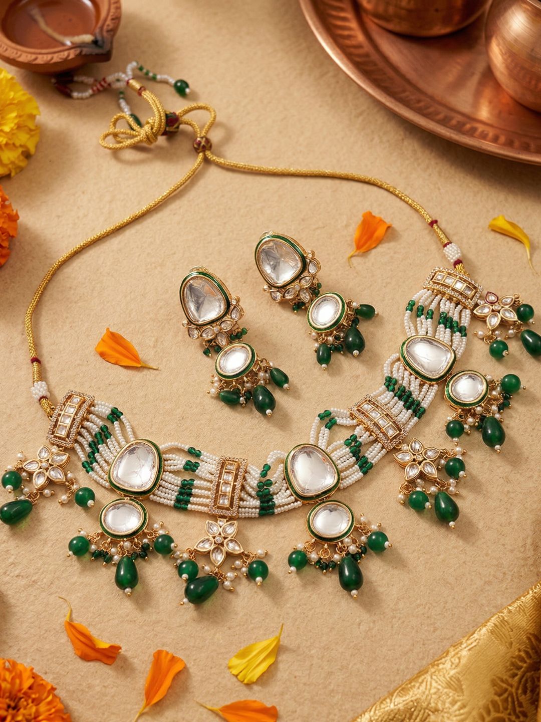Ananta Beautiful Polki Beaded Pearl Choker Necklace Set | green beaded Choker Jewellery By Gehna Shop