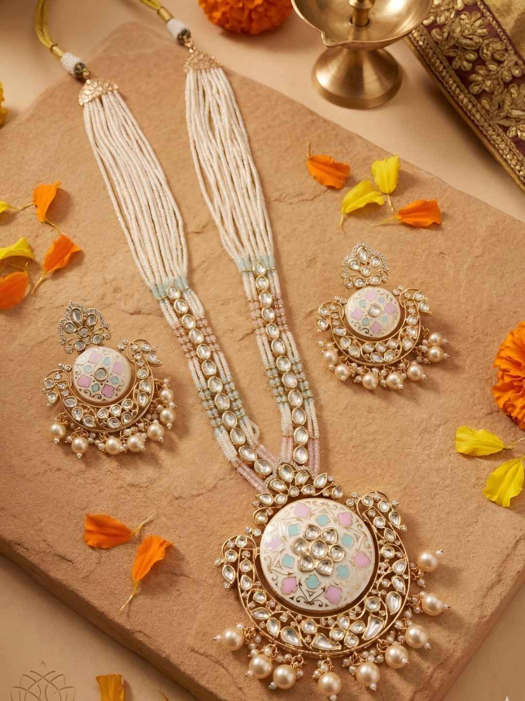 Traditional Long Beaded Kundan Pendant Necklace Set With Enamel | Wedding Jewellery Set