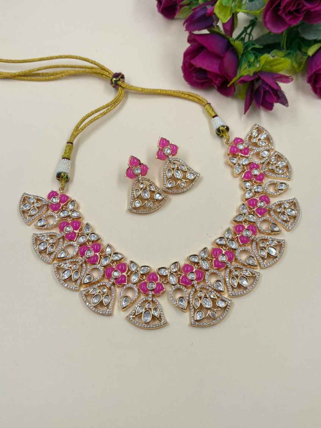 Designer Gold Plated Kundan Polki Necklace Set For Weddings