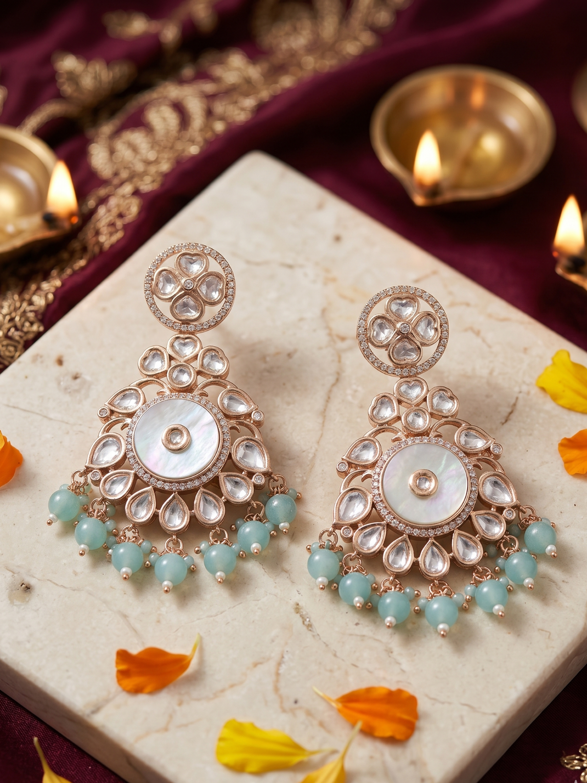 Designer Mother Of Pearl And Kundan  mint green beaded Chandbali Earrings For Women - Wedding & Festive Wear