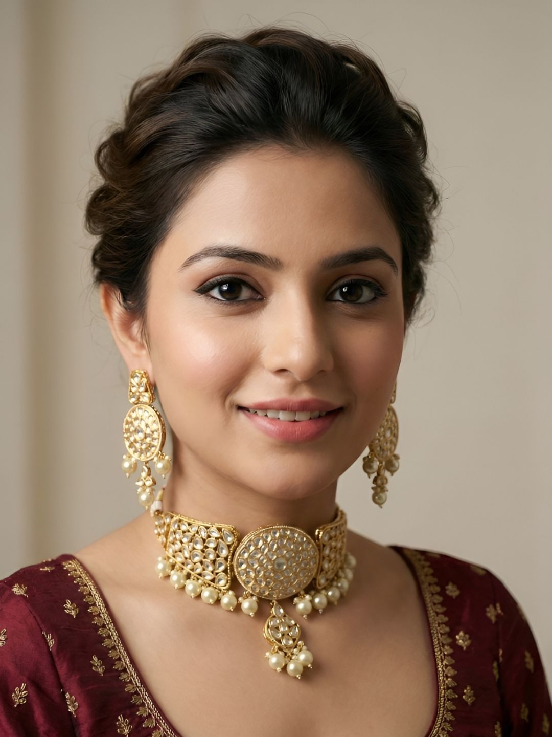 Gold Plated Statement Look pearl Kundan Choker Necklace Set - Wedding And Party Wear