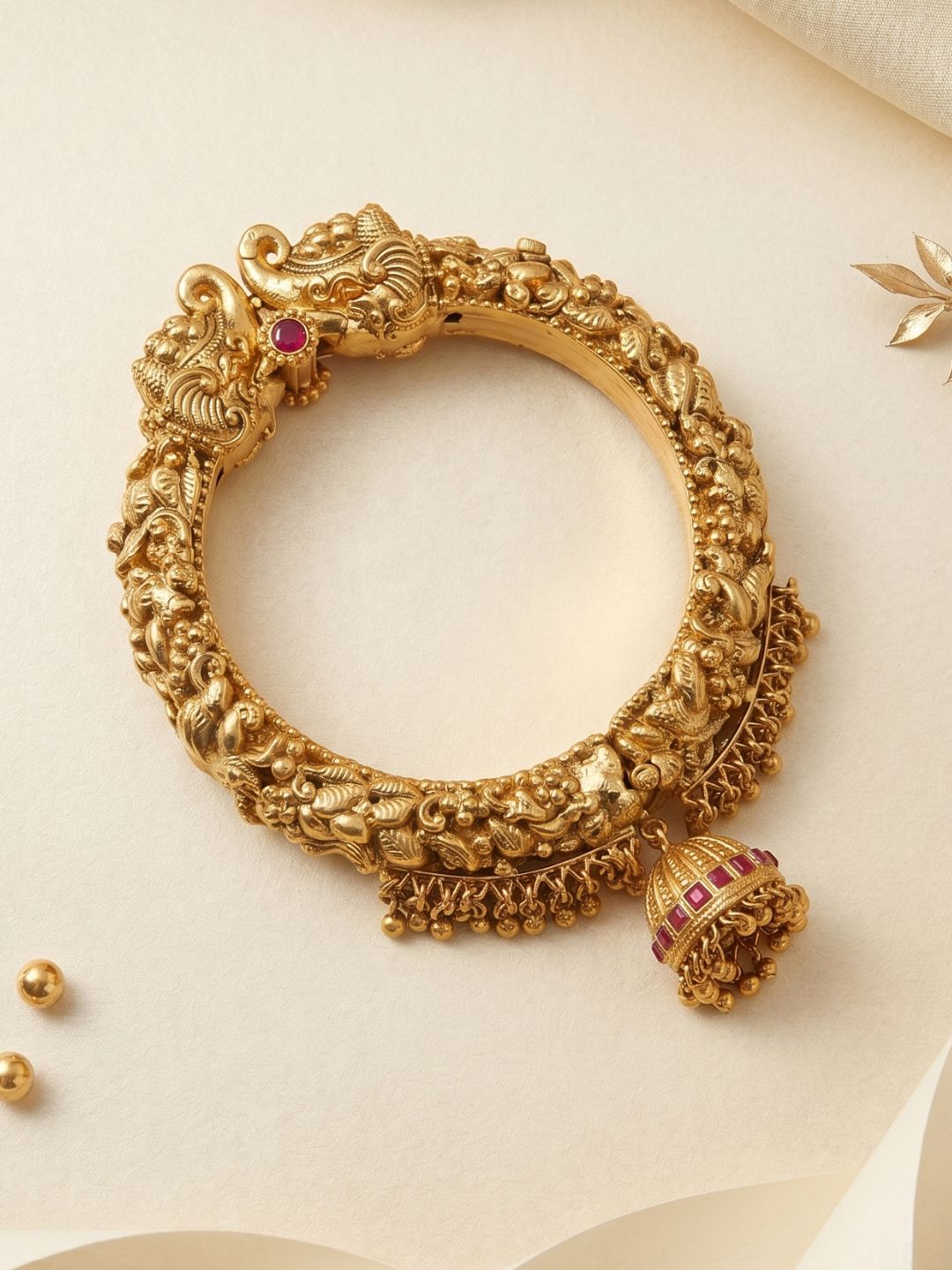 Traditional Gold Plated Antique Golden Elephant Head Nakshi Kada Bracelet