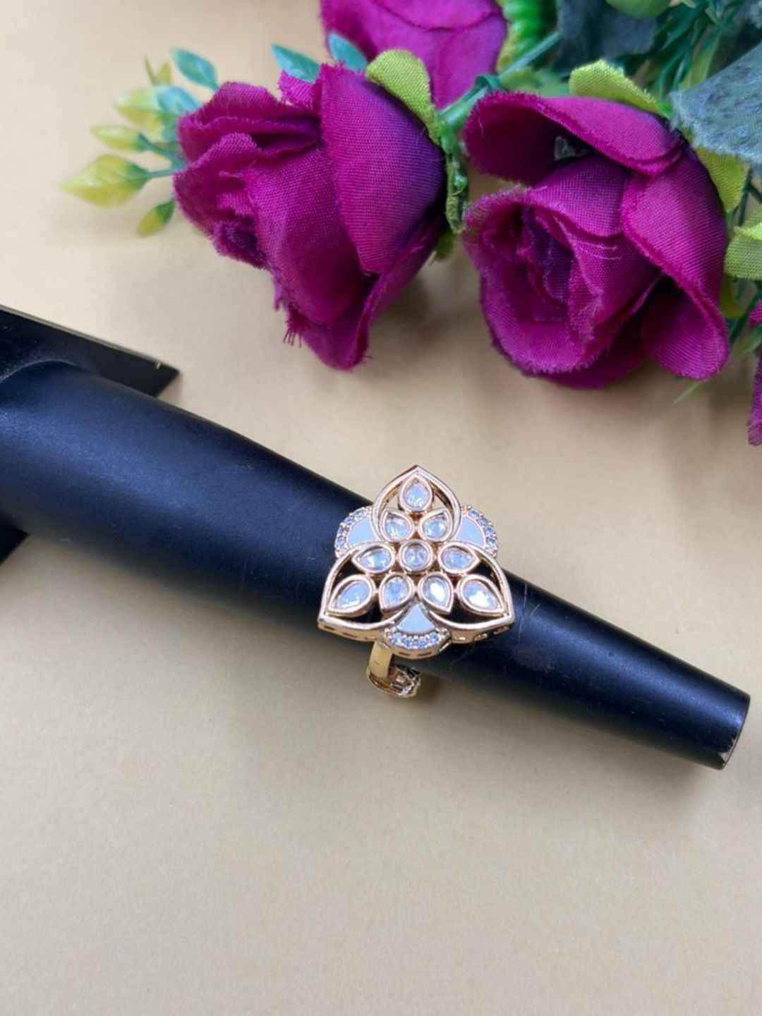 Gold Plated Meenakari And Kundan Adjustable Ring For Ladies - Festive And Party Wear