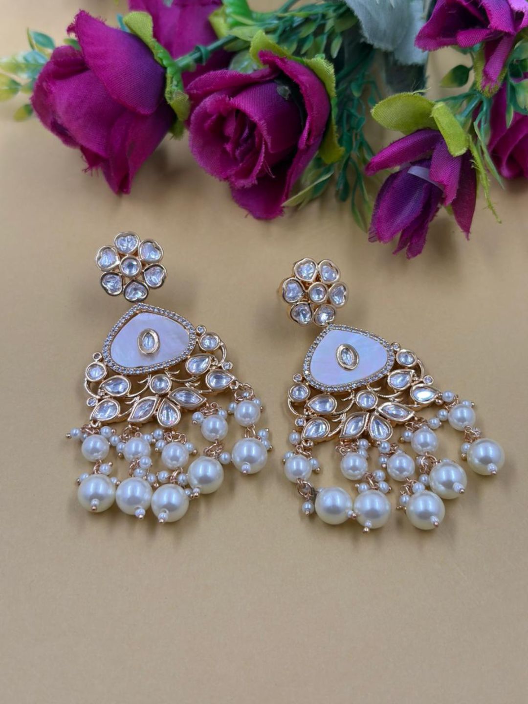 Elegant Gold Plated Mother Of Pearl And Kundan pearl earrings For Weddings - Statement Earrings