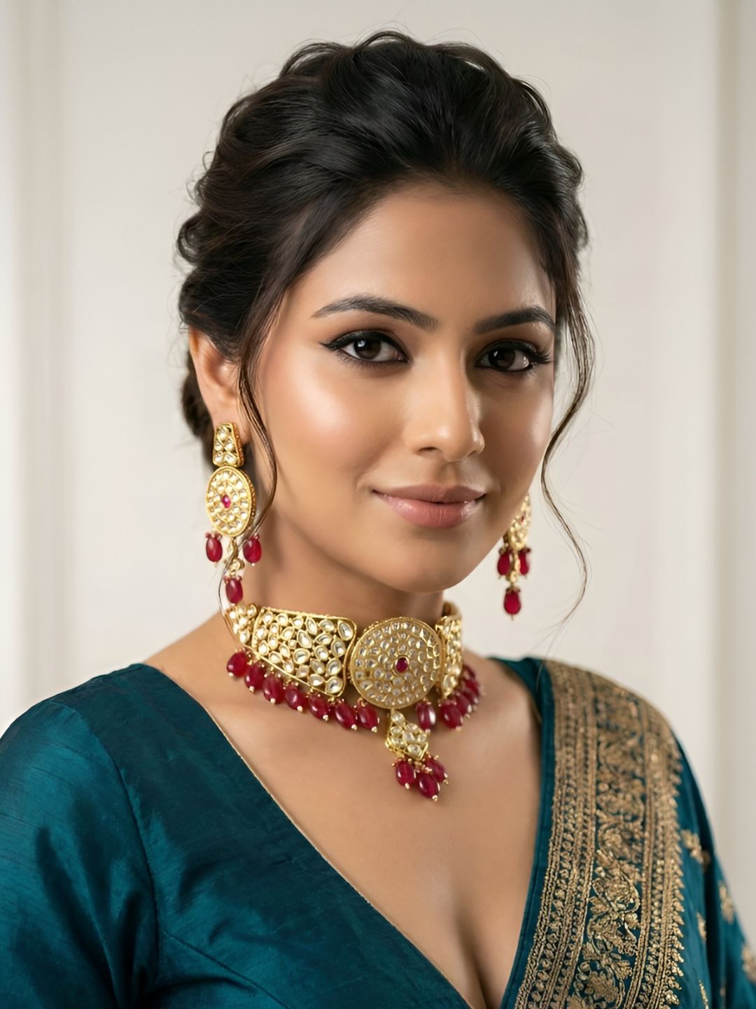 Gold Plated Statement Look Studded Kundan Choker Necklace Set with red beads - Wedding And Party Wear red choker 