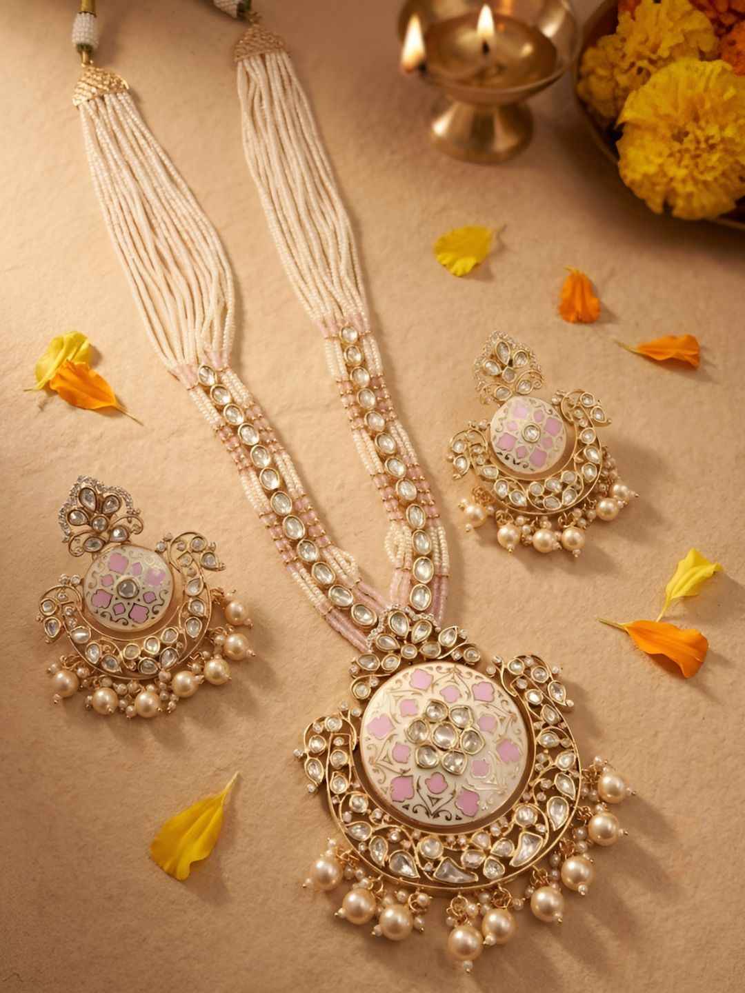 Traditional Long Beaded Kundan Pendant Necklace Set With Enamel | Wedding Jewellery Set