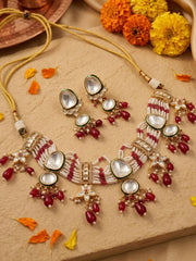 Ananta Beautiful Polki Beaded Pearl Choker Necklace Set | red beaded Choker Jewellery By Gehna Shop