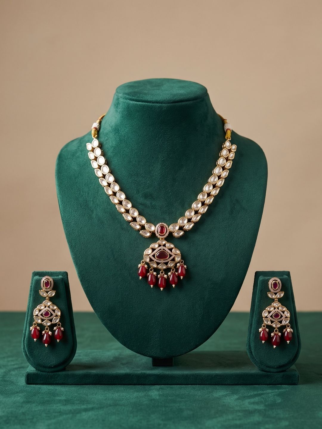 Rose Gold Finish Kundan Necklace Set - Wedding And Party Wear red Kundan Jewelry