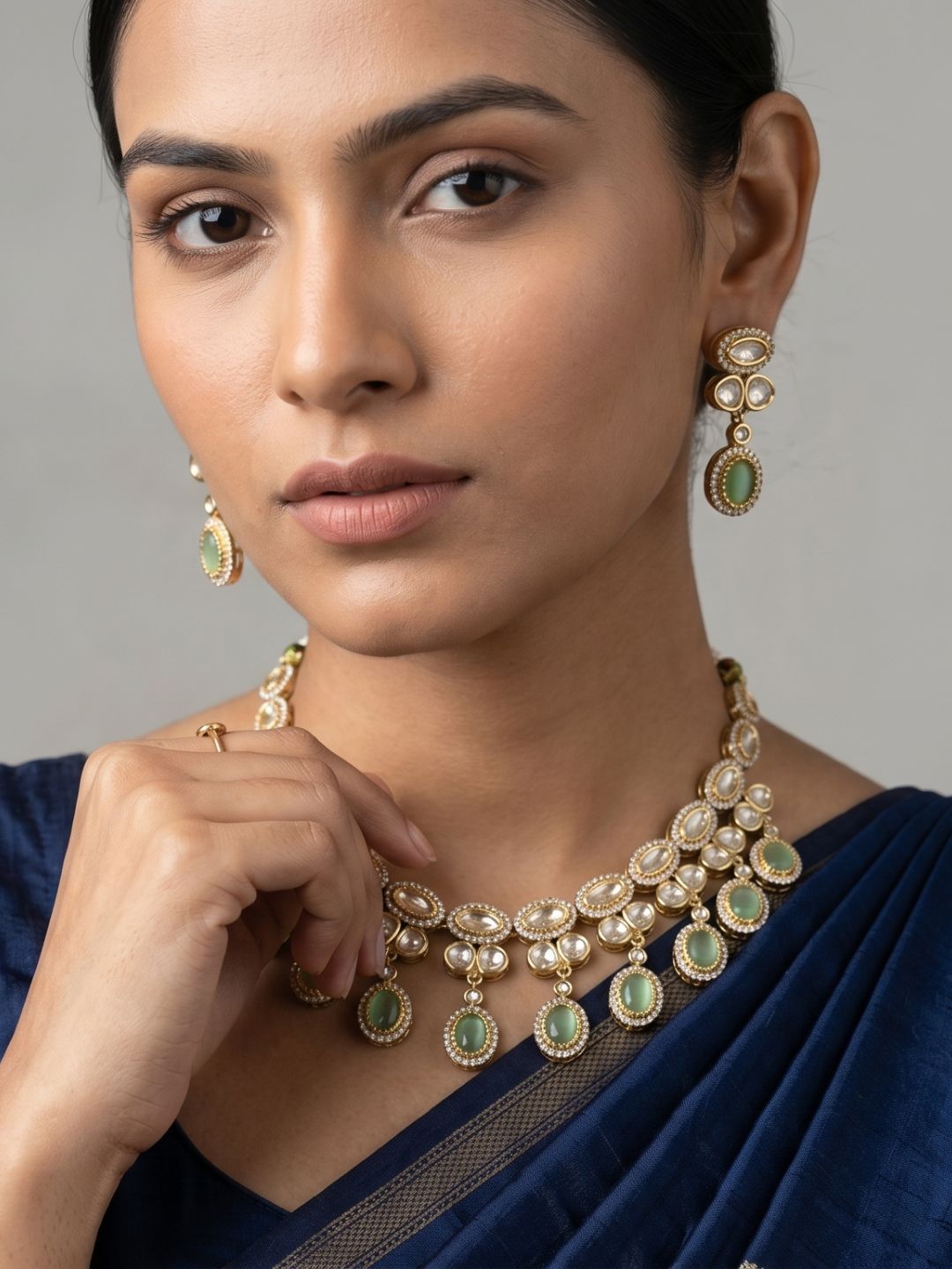 Gold Plated light green Polki Kundan Necklace Set With Tikka | Wedding & Festive Jewellery Set