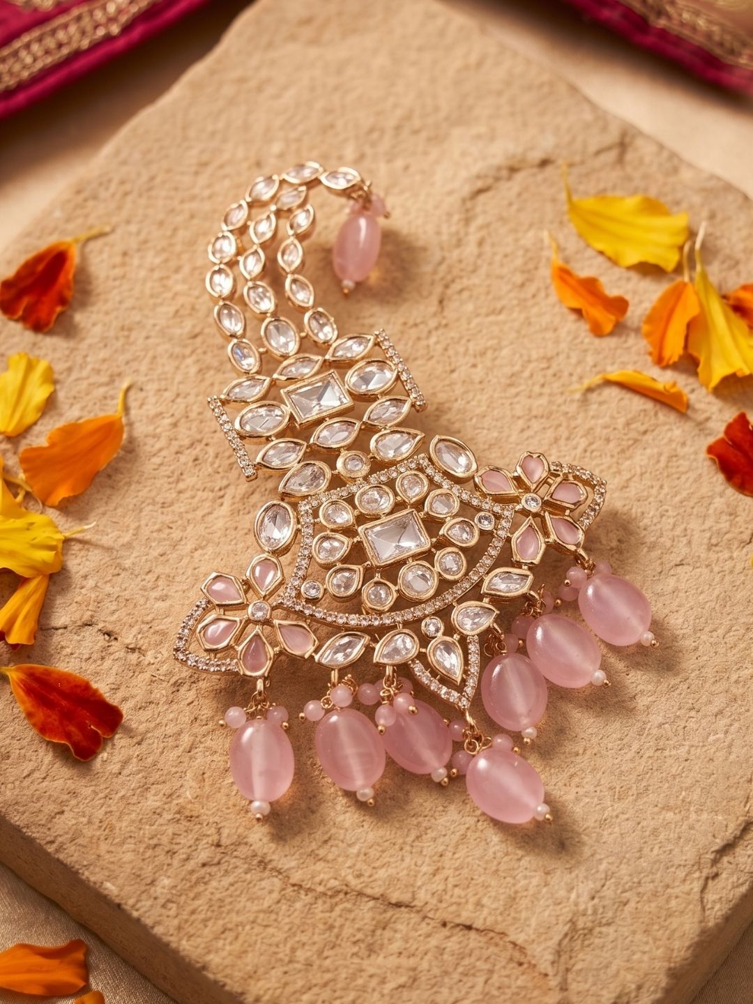 Traditional babay pink beaded studded Kundan Polki Kalangi | Safa Kalgi | Turban Brooch For Men