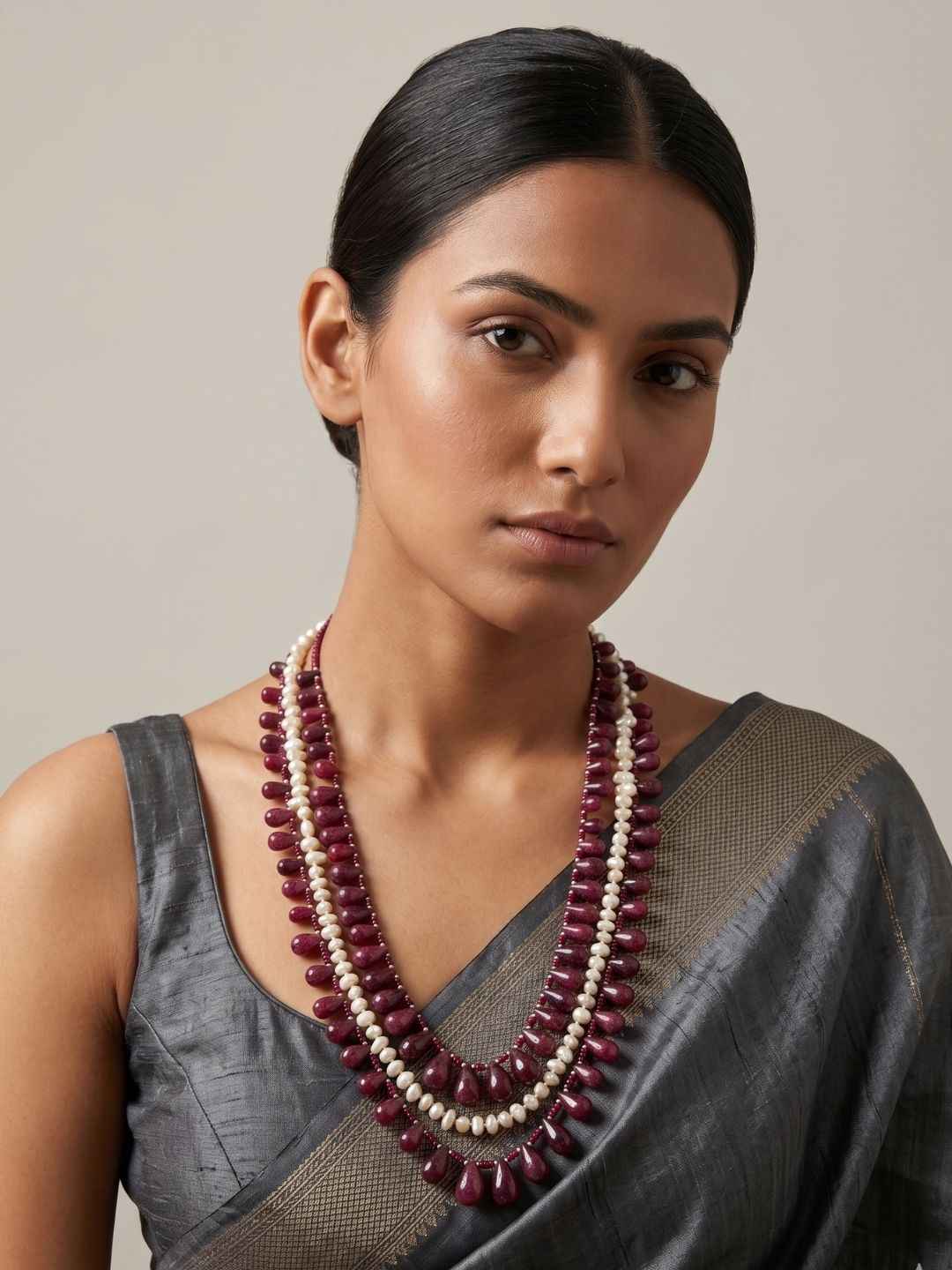 Natural Gemstone Ruby Drops And Freshwater Pearls Layered Beaded Necklace For Women