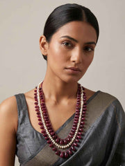 Natural Gemstone Ruby Drops And Freshwater Pearls Layered Beaded Necklace For Women