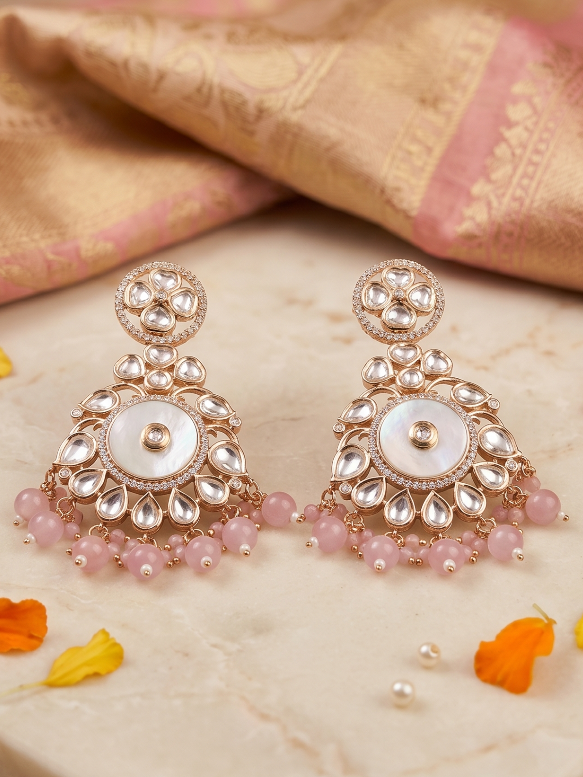 Designer Mother Of Pearl And Kundan pink beaded  Chandbali Earrings For Women - Wedding & Festive Wear