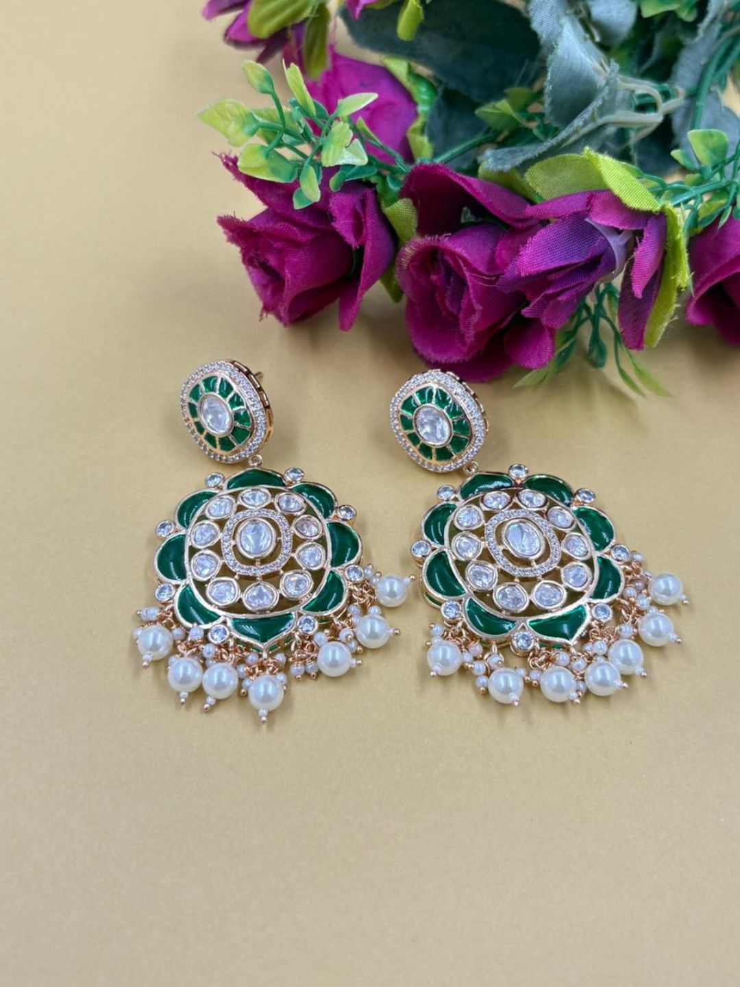 Traditional green Kundan Stone Earrings for Women | Statement Earrings For Ethnic & Festive Wear