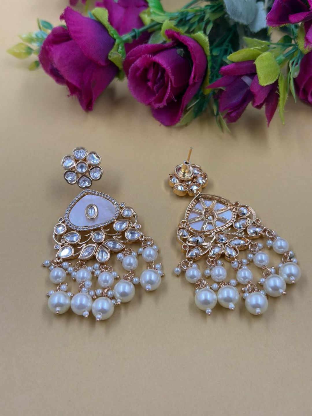 Elegant Gold Plated Mother Of Pearl And Kundan Earrings For Weddings - Statement Earrings
