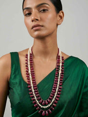 Natural Gemstone Ruby Drops And Freshwater Pearls Layered Beaded Necklace For Women
